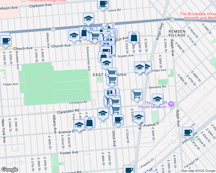 map of restaurants, bars, coffee shops, grocery stores, and more near 605 East 49th Street in Brooklyn