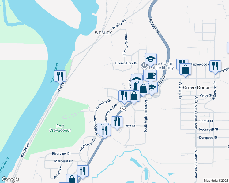 map of restaurants, bars, coffee shops, grocery stores, and more near 236 Park Road in Creve Coeur