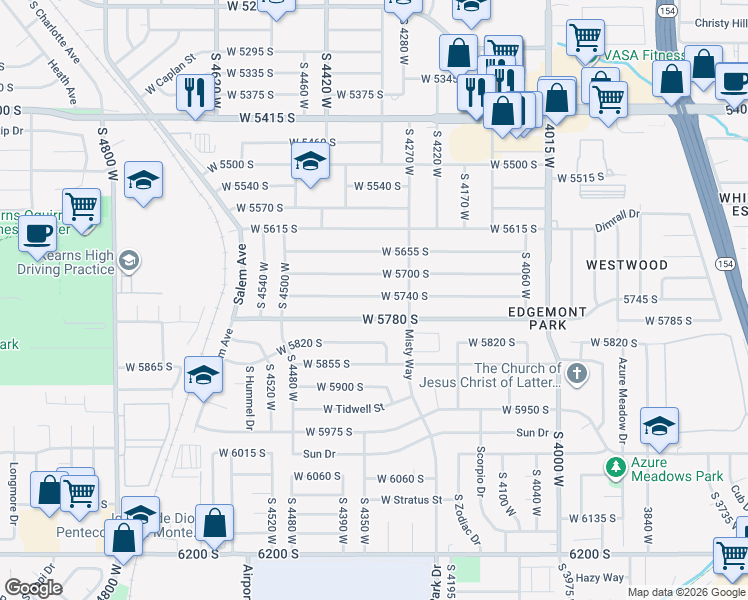 map of restaurants, bars, coffee shops, grocery stores, and more near 4321 West 5740 South in Kearns