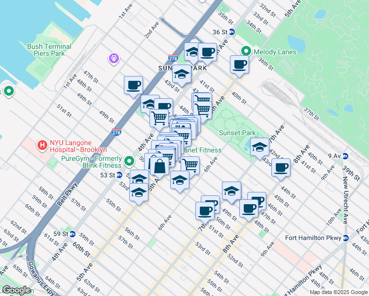 map of restaurants, bars, coffee shops, grocery stores, and more near 4621 5th Avenue in Brooklyn