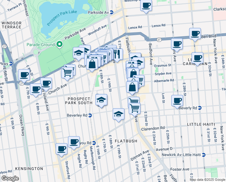map of restaurants, bars, coffee shops, grocery stores, and more near 1904 Albemarle Road in Brooklyn
