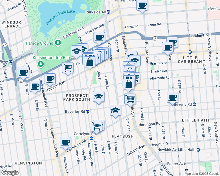 map of restaurants, bars, coffee shops, grocery stores, and more near 1904 Albemarle Road in Brooklyn