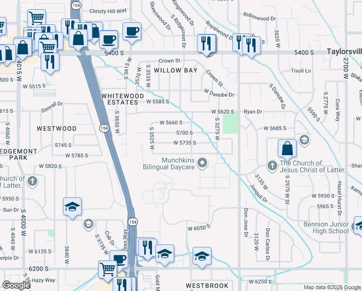 map of restaurants, bars, coffee shops, grocery stores, and more near 3407 West 5735 South in Salt Lake City