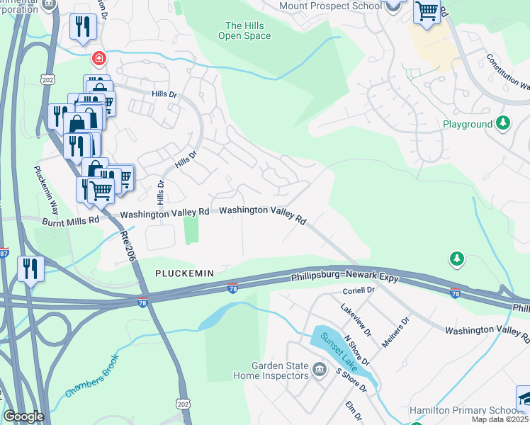 map of restaurants, bars, coffee shops, grocery stores, and more near 270 Washington Valley Road in Bedminster Township