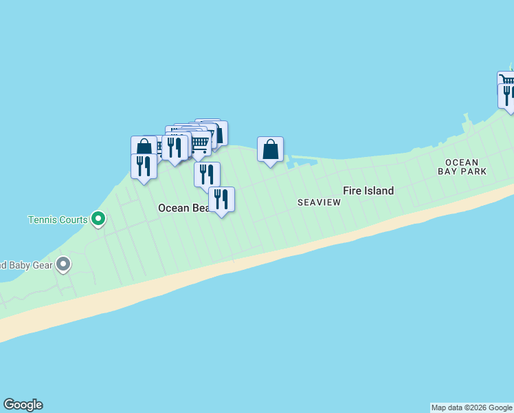 map of restaurants, bars, coffee shops, grocery stores, and more near 30 Surf View Walk in Bay Shore