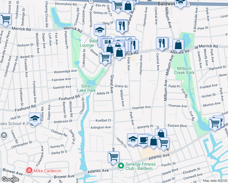 map of restaurants, bars, coffee shops, grocery stores, and more near 2587 Grand Avenue in Baldwin