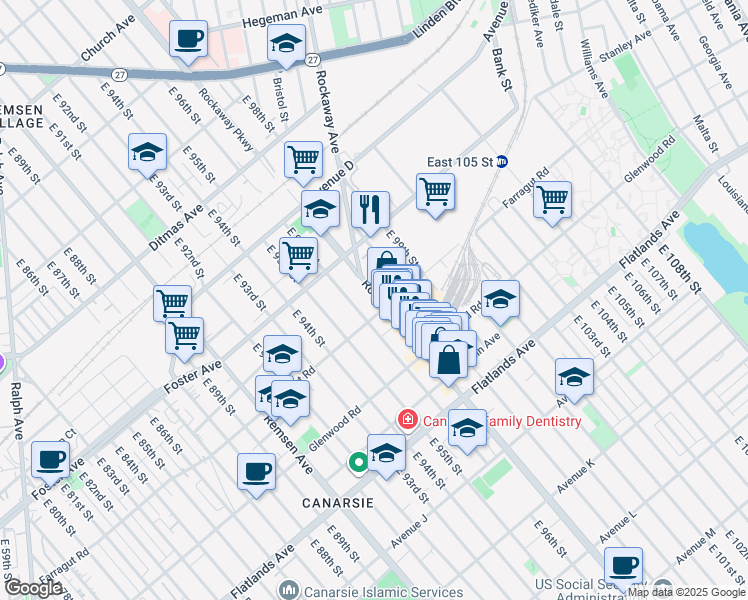 map of restaurants, bars, coffee shops, grocery stores, and more near 1322 Rockaway Parkway in Brooklyn