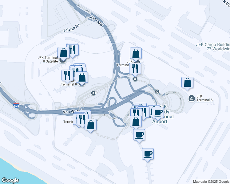 map of restaurants, bars, coffee shops, grocery stores, and more near JFK Expy in Queens