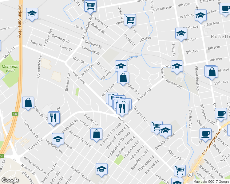 map of restaurants, bars, coffee shops, grocery stores, and more near 716 Golf Terrace in Roselle