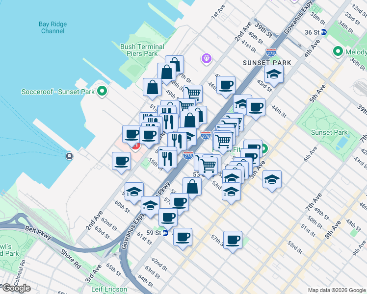 map of restaurants, bars, coffee shops, grocery stores, and more near 5114 3rd Avenue in Brooklyn