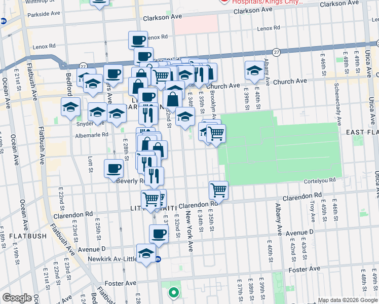 map of restaurants, bars, coffee shops, grocery stores, and more near 3314 Tilden Avenue in Brooklyn