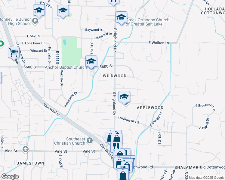 map of restaurants, bars, coffee shops, grocery stores, and more near 5726 South Highland Drive in Holladay