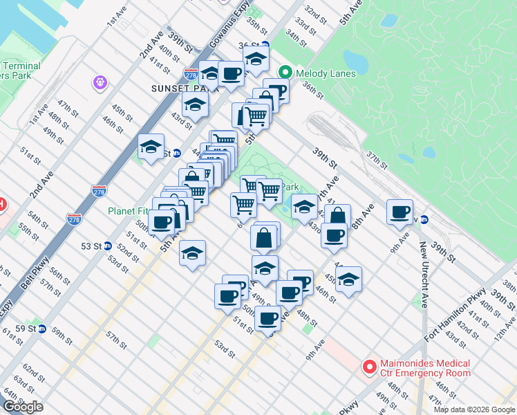 map of restaurants, bars, coffee shops, grocery stores, and more near 602 44th Street in Brooklyn