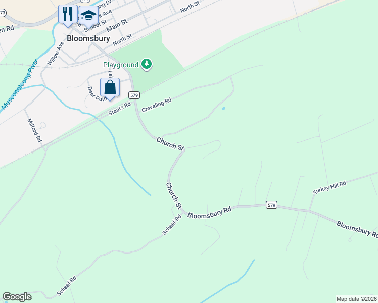 map of restaurants, bars, coffee shops, grocery stores, and more near 121 County Road 579 in Bloomsbury