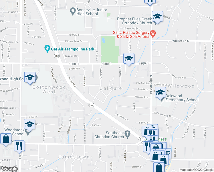 map of restaurants, bars, coffee shops, grocery stores, and more near 5738 South Glenbrook Street in Holladay