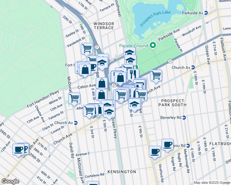 map of restaurants, bars, coffee shops, grocery stores, and more near 135 Prospect Expressway in Brooklyn