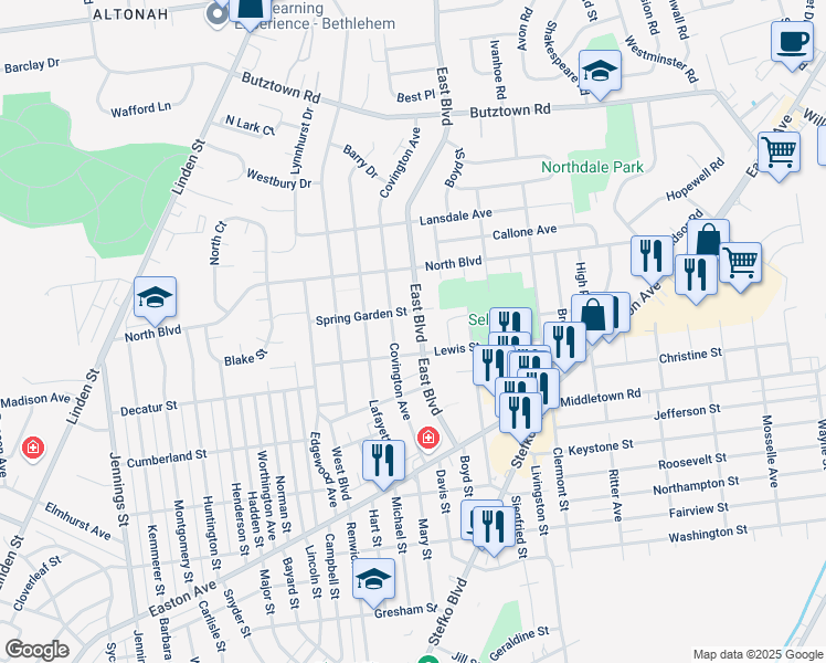 map of restaurants, bars, coffee shops, grocery stores, and more near 2323 East Boulevard in Bethlehem
