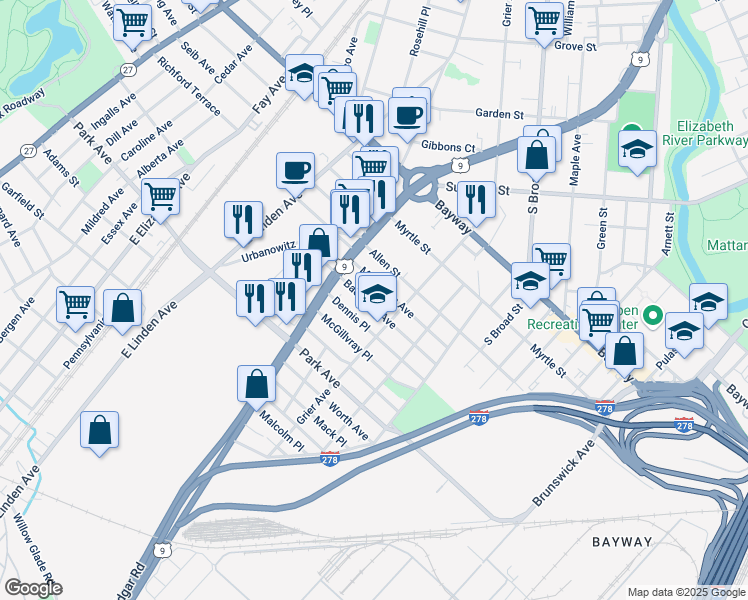 map of restaurants, bars, coffee shops, grocery stores, and more near 703 Bacheller Avenue in Linden