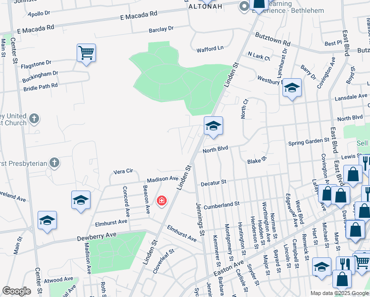 map of restaurants, bars, coffee shops, grocery stores, and more near 2426 Woodstock Drive in Bethlehem