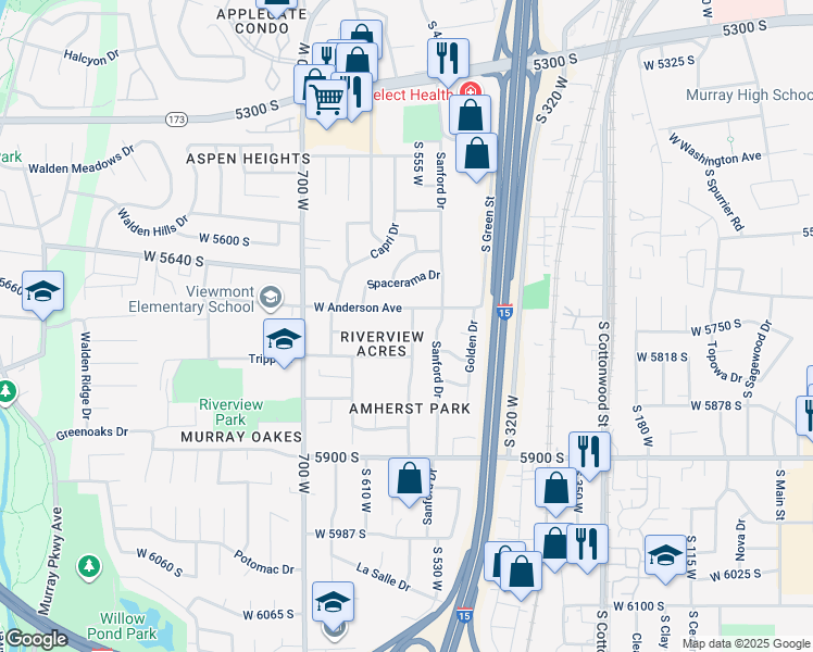 map of restaurants, bars, coffee shops, grocery stores, and more near 5730 South 590 West in Murray