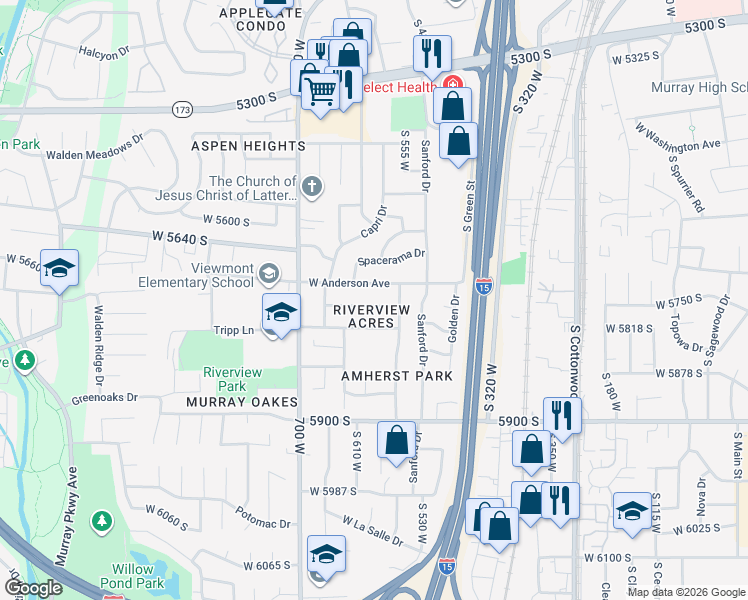 map of restaurants, bars, coffee shops, grocery stores, and more near 616 West 5735 South in Murray