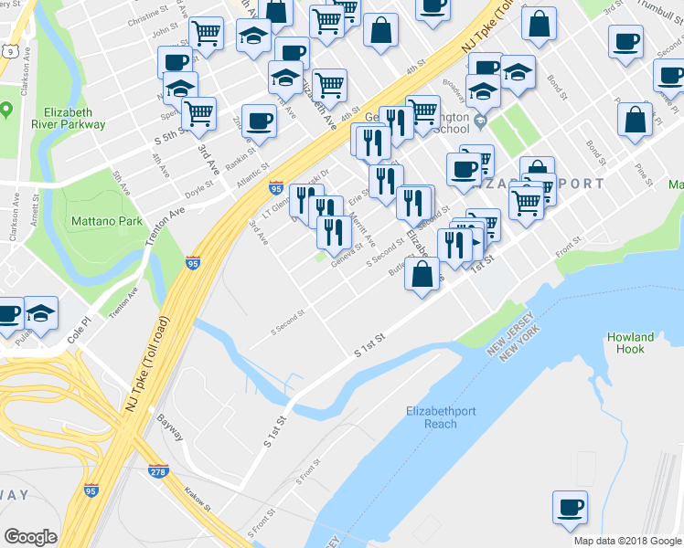map of restaurants, bars, coffee shops, grocery stores, and more near 207 2nd Avenue in Elizabeth