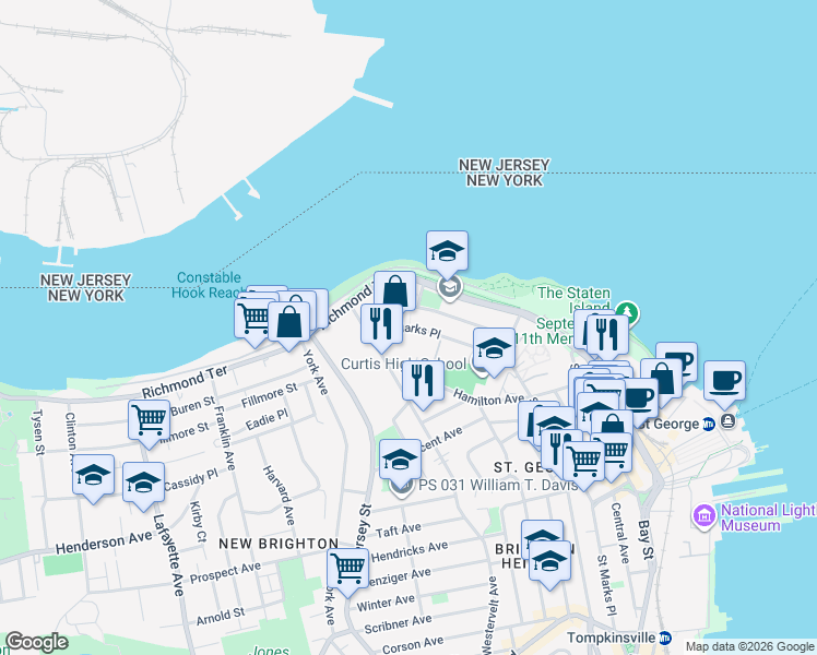 map of restaurants, bars, coffee shops, grocery stores, and more near 134 Saint Marks Place in Staten Island