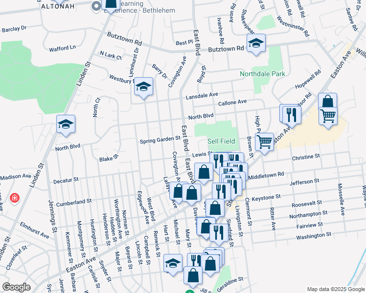 map of restaurants, bars, coffee shops, grocery stores, and more near 2323 East Boulevard in Bethlehem