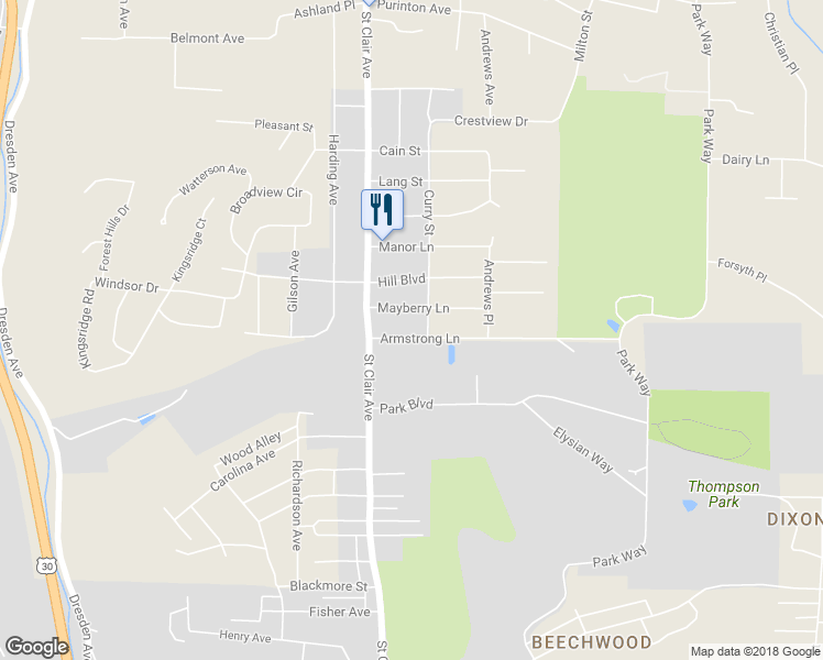 map of restaurants, bars, coffee shops, grocery stores, and more near 704 Armstrong Lane in East Liverpool