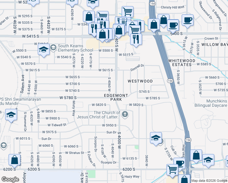 map of restaurants, bars, coffee shops, grocery stores, and more near 5746 4015 West in Kearns
