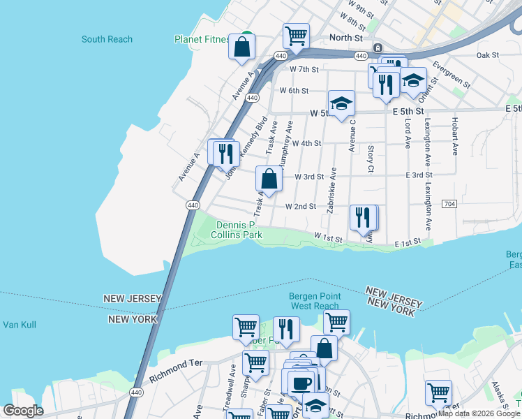 map of restaurants, bars, coffee shops, grocery stores, and more near 134 West 2nd Street in Bayonne