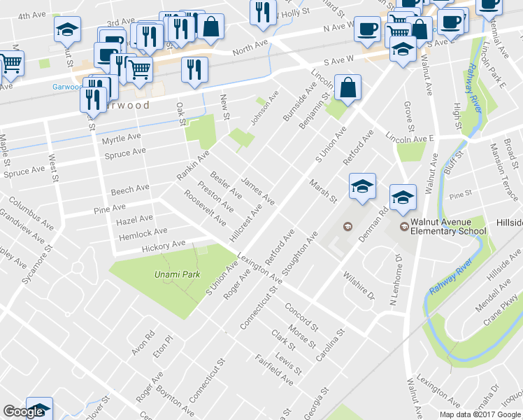 map of restaurants, bars, coffee shops, grocery stores, and more near 135 Hillcrest Avenue in Cranford