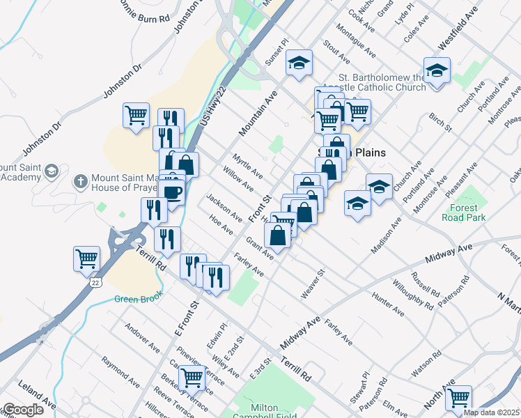 map of restaurants, bars, coffee shops, grocery stores, and more near 1708 Front Street in Scotch Plains