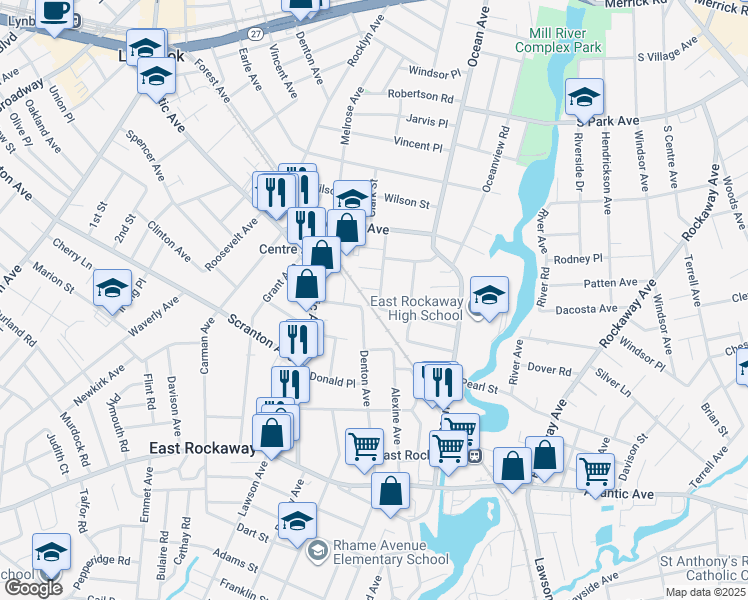 map of restaurants, bars, coffee shops, grocery stores, and more near 58 Plainfield Avenue in East Rockaway