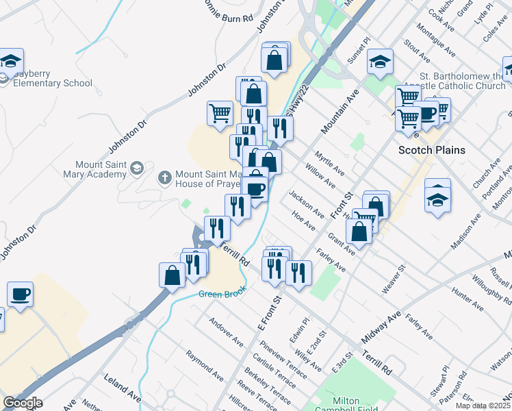 map of restaurants, bars, coffee shops, grocery stores, and more near 1684 U.S. 22 in Watchung