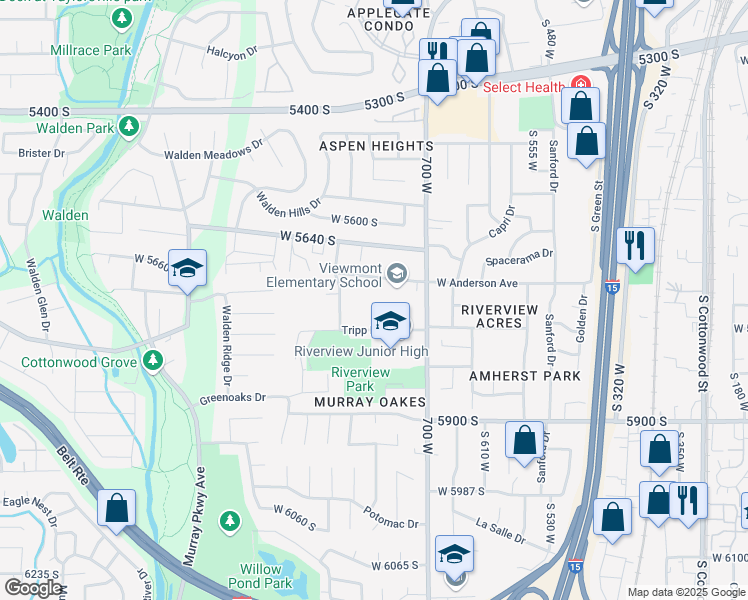 map of restaurants, bars, coffee shops, grocery stores, and more near 745 Anderson Avenue South in Murray