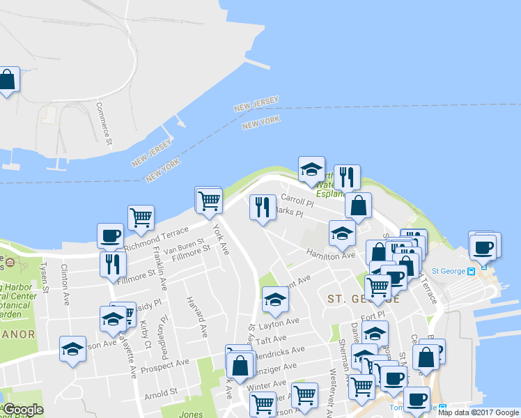map of restaurants, bars, coffee shops, grocery stores, and more near 11 St Marks Pl in Staten Island