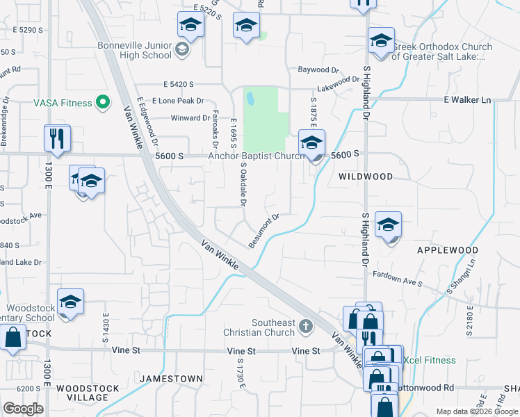 map of restaurants, bars, coffee shops, grocery stores, and more near 5738 South Glenbrook Street in Holladay