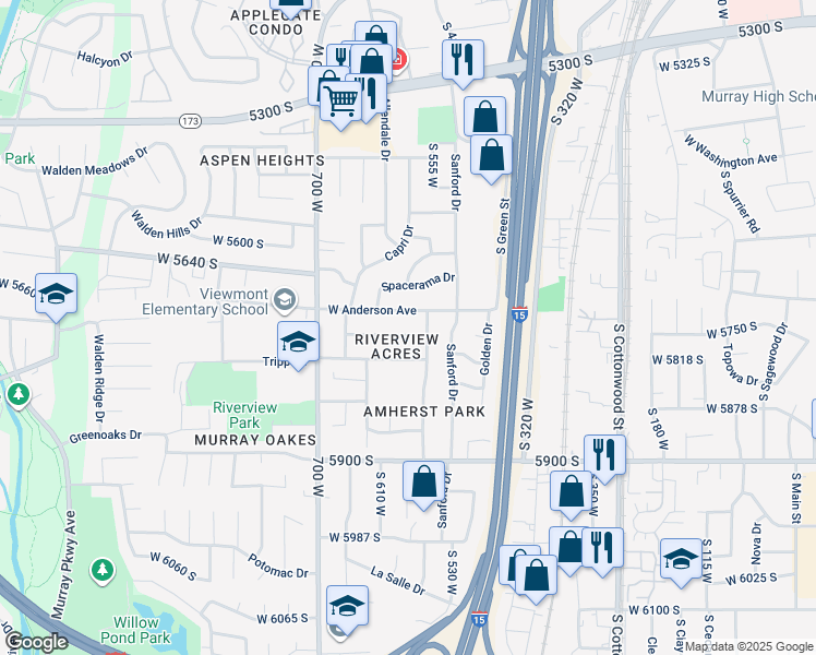 map of restaurants, bars, coffee shops, grocery stores, and more near 5730 South 590 West in Murray