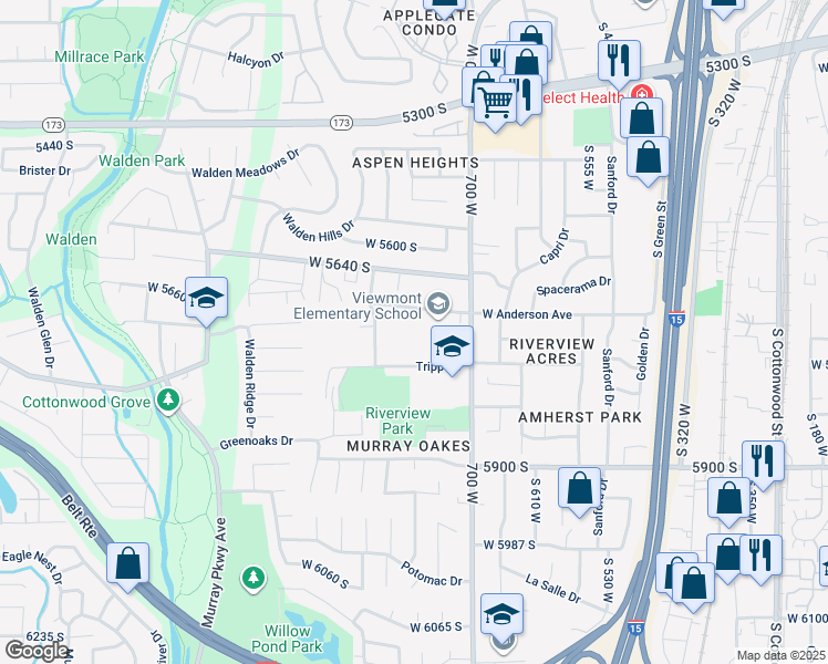 map of restaurants, bars, coffee shops, grocery stores, and more near 745 Anderson Avenue South in Murray