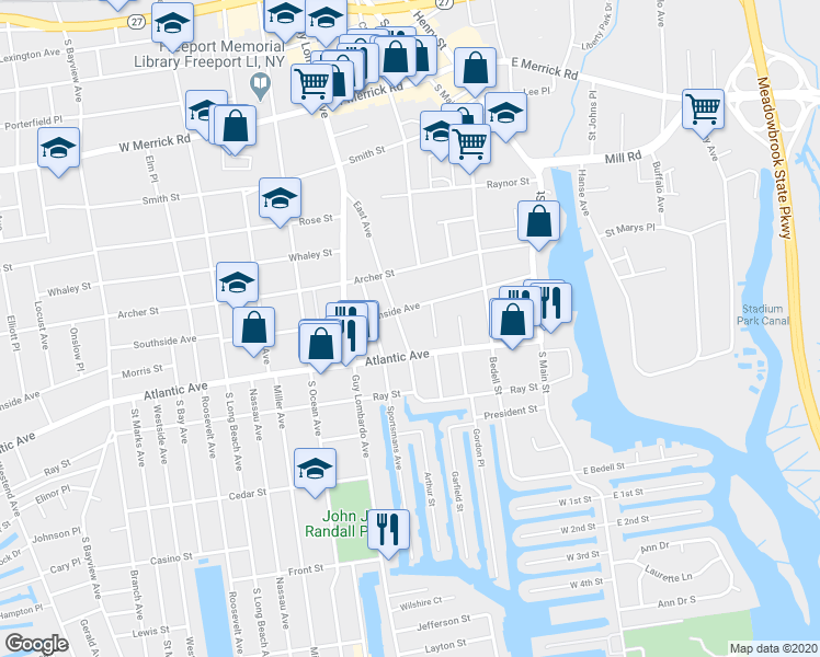 map of restaurants, bars, coffee shops, grocery stores, and more near 135 East Avenue in Freeport