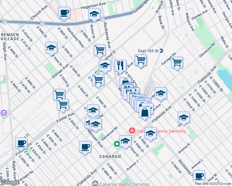 map of restaurants, bars, coffee shops, grocery stores, and more near 1322 Rockaway Parkway in Brooklyn