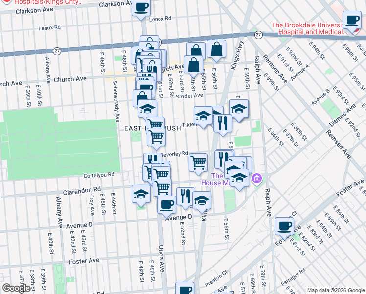 map of restaurants, bars, coffee shops, grocery stores, and more near 557 East 52nd Street in Brooklyn