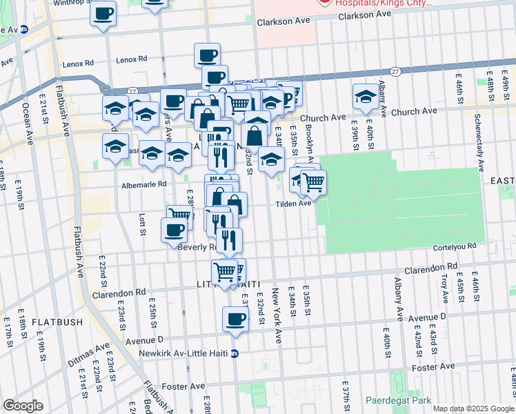 map of restaurants, bars, coffee shops, grocery stores, and more near 3201 Tilden Avenue in Brooklyn