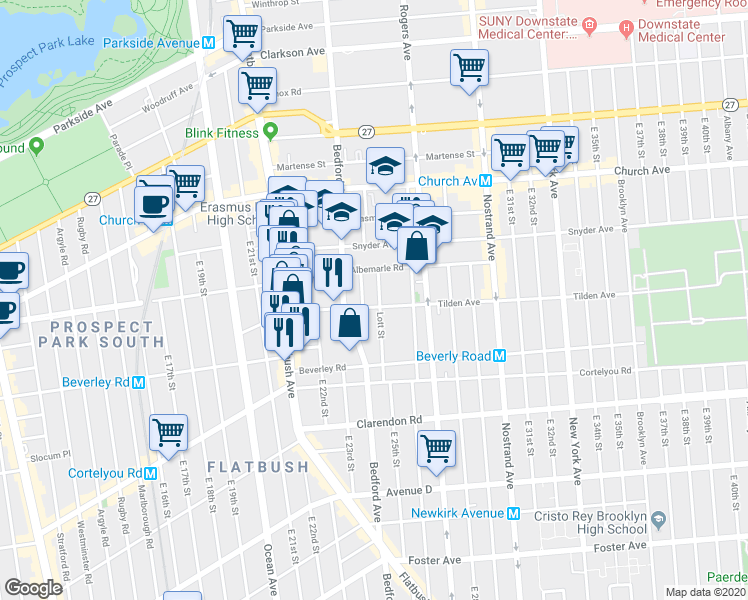 map of restaurants, bars, coffee shops, grocery stores, and more near 30 Oakland Place in Brooklyn
