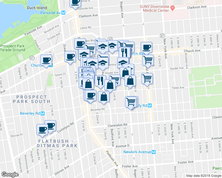 map of restaurants, bars, coffee shops, grocery stores, and more near 30 Oakland Place in Brooklyn
