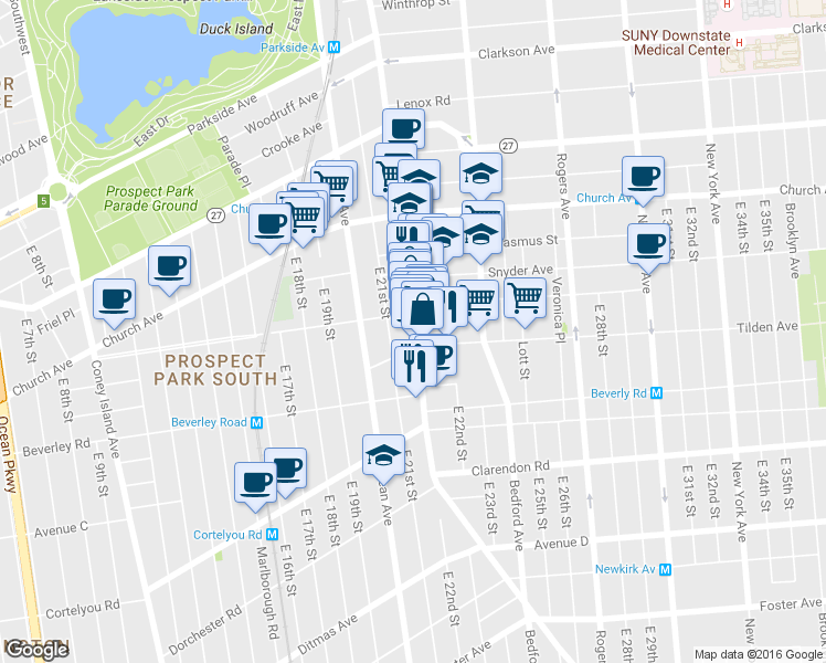 map of restaurants, bars, coffee shops, grocery stores, and more near 305 East 21st Street in Brooklyn