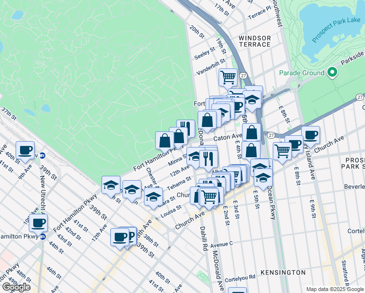 map of restaurants, bars, coffee shops, grocery stores, and more near 3301 Fort Hamilton Parkway in Brooklyn