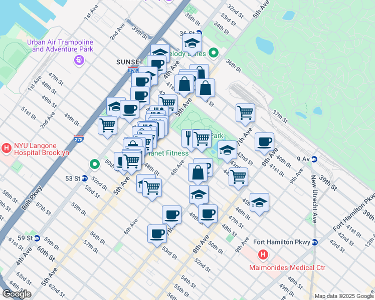 map of restaurants, bars, coffee shops, grocery stores, and more near 569 45th Street in Brooklyn