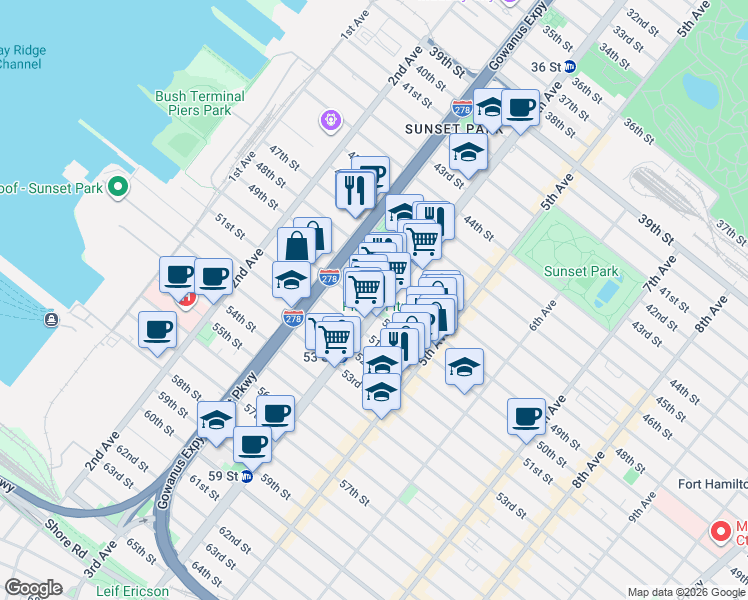 map of restaurants, bars, coffee shops, grocery stores, and more near 359 50th Street in Brooklyn
